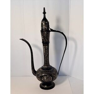 Vtg Brass Black Enamel Hand Etched Ewer Coffee Dallah Teapot Genie In Bottle 26"